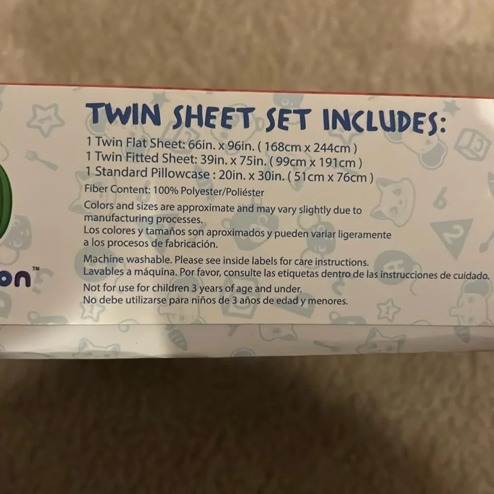 Cocomelon 3pcs Twin Sheet set: 1 flat & 1 fitted sheet, 1 pillowcase